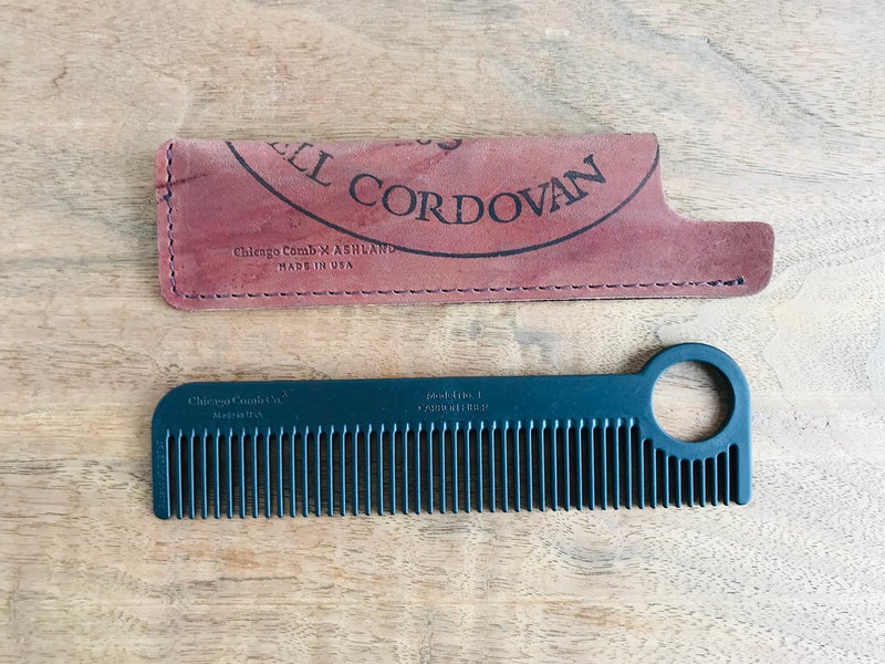 Chicago Comb Model 1 Carbon Fiber Comb + Horween Shell Cordovan Color No. 8 sheath, Made in USA, ultimate pocket & travel comb, smooth strong & light, anti-static, premium American leather - Image 1